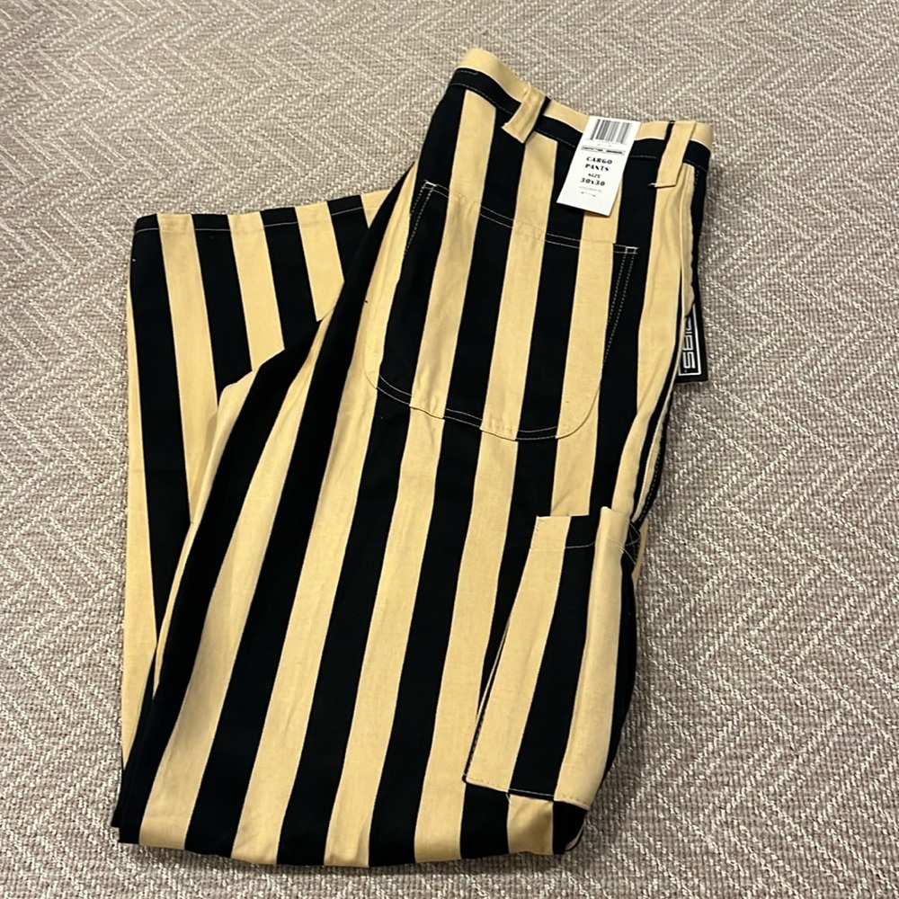 NEW Game Bibs Gold and Black Striped Pants Size 30x30 100% Cotton Side Pockets